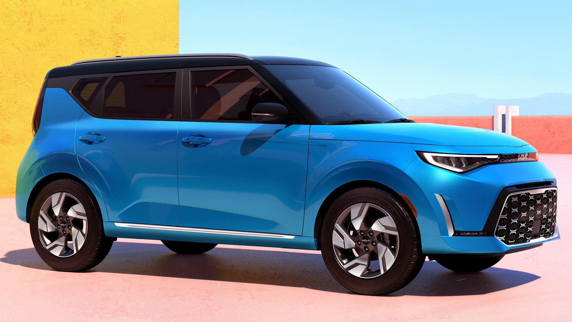 small Kia SUV on a colored background